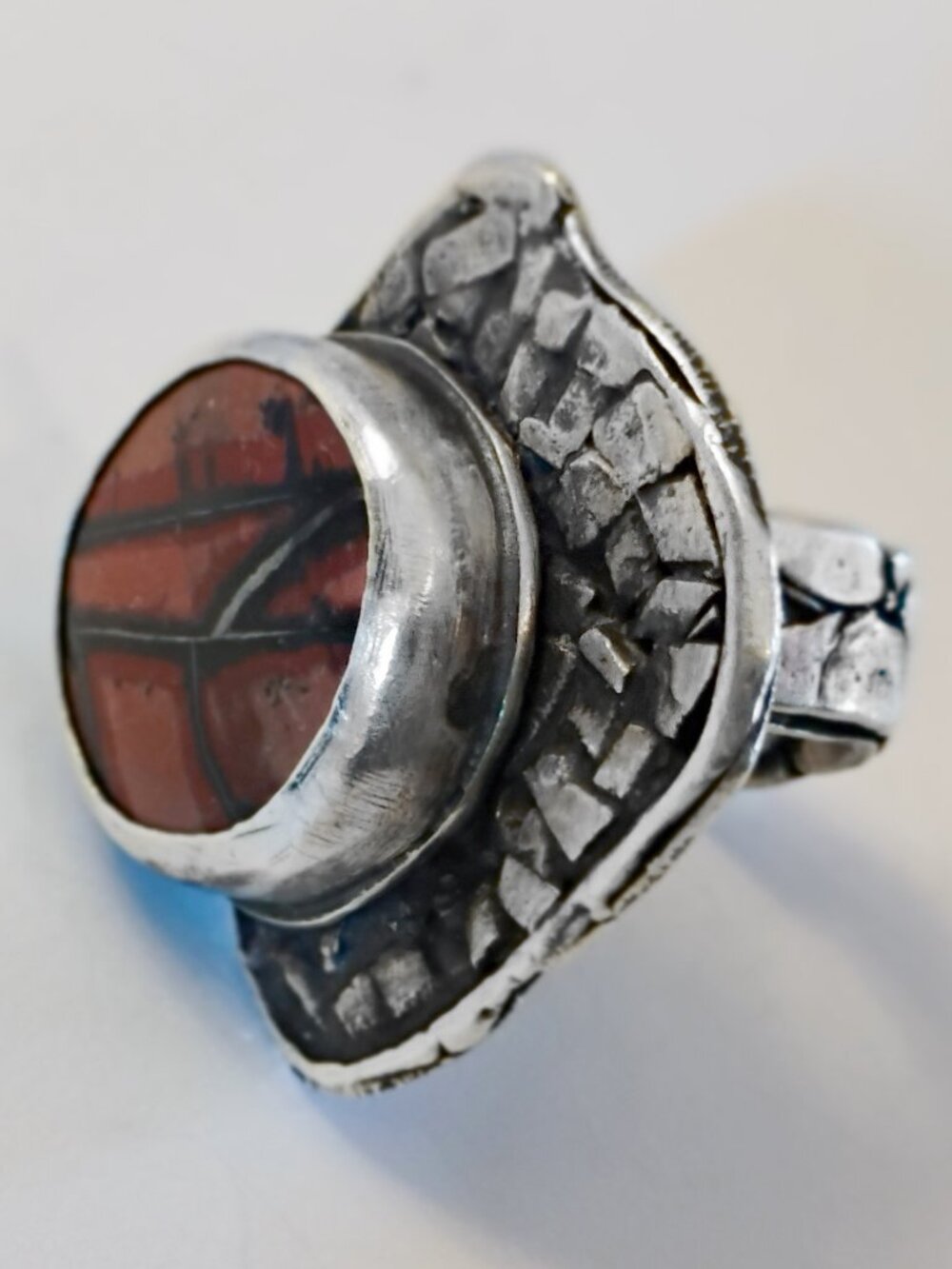 Sterling Silver Ring/Size 7.5-7.75 US/Jasper Stone (Red with pyrite lines)